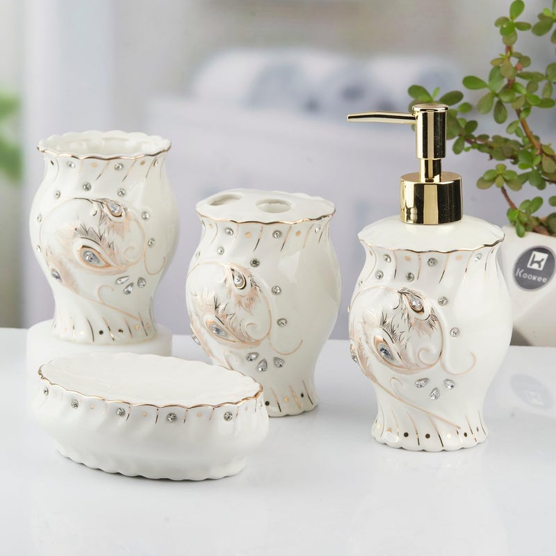 Kookee Ceramic Bathroom Accessories Set of 4 Modern Bath Set with Liquid handwash Soap Dispenser and Toothbrush Holder Luxury Gift Accessory for Home WhiteSilverGold 10102 - Image 3