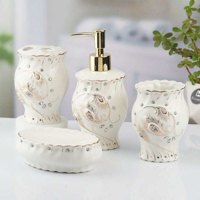 Kookee Ceramic Bathroom Accessories Set of 4 Modern Bath Set with Liquid handwash Soap Dispenser and Toothbrush Holder Luxury Gift Accessory for Home WhiteSilverGold 10102 - Image 2