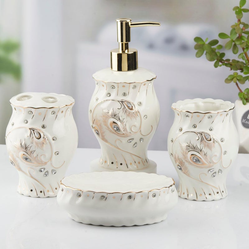 Kookee Ceramic Bathroom Accessories Set of 4 Modern Bath Set with Liquid handwash Soap Dispenser and Toothbrush Holder Luxury Gift Accessory for Home WhiteSilverGold 10102 - Image 4