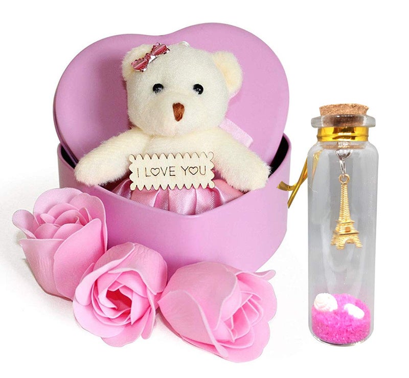 Saugat Traders Love Gift - Heart Shape Box of 3 Scented Rose with Soft Toy & Small Message Bottle - Gift for Girlfriend-Wife-Fiancee-Friend-Girls - Image 1
