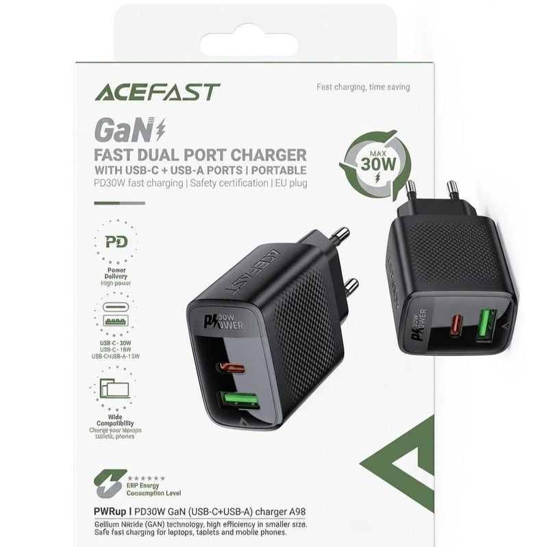 أسيفاست شاحن جداري أيس فاست A98 بقوة 30 واط منفذين USB-C و USB-A بتكنولوجيا GaN - أسود - Image 1