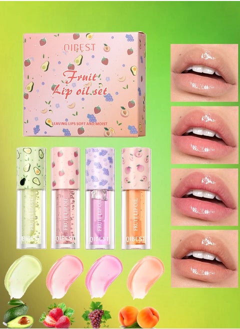 4Pcs Fruit Lip Oil Set Avocado Strawberry Grape and Peach Soft and Moist Lips Hydrating Lip Glow Oil Plumping Glass Finish Moisturizing Lip Gloss Lip Tint Fruit Extract Lip Oil