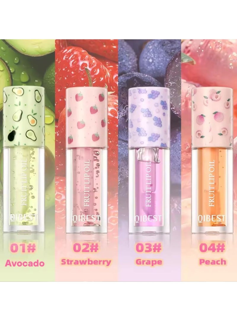 4Pcs Fruit Lip Oil Set Avocado Strawberry Grape and Peach Soft and Moist Lips Hydrating Lip Glow Oil Plumping Glass Finish Moisturizing Lip Gloss Lip Tint Fruit Extract Lip Oil