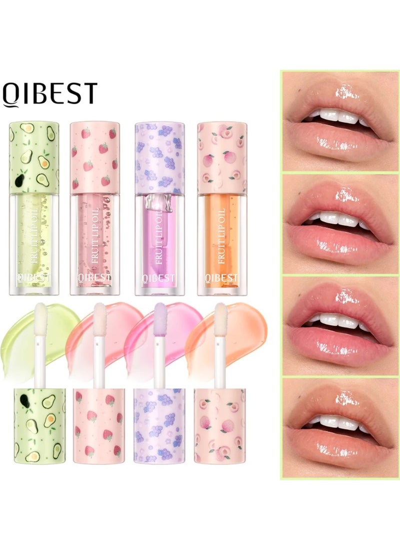 4Pcs Fruit Lip Oil Set Avocado Strawberry Grape and Peach Soft and Moist Lips Hydrating Lip Glow Oil Plumping Glass Finish Moisturizing Lip Gloss Lip Tint Fruit Extract Lip Oil