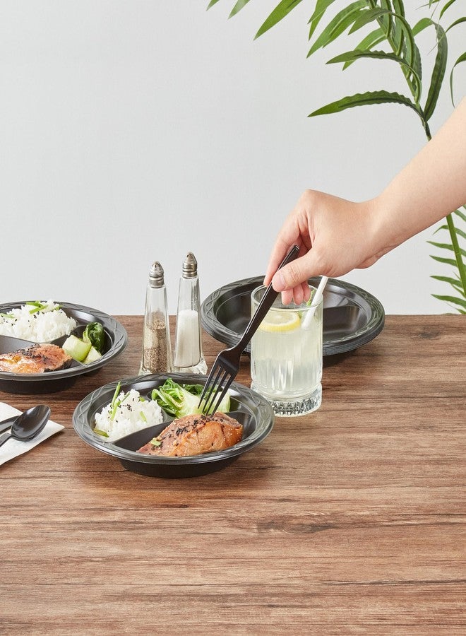 Restaurantware RW Base 9 Inch Microwavable Food Plates, 100 Round Plastic Plates - 3 Compartments, Disposable, Black Plastic Dinner Plates, Serve Hot And Cold Foods, For Restaurants And Cafes - Image 4