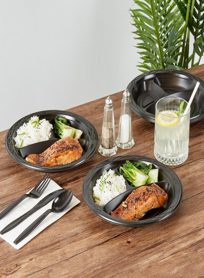 Restaurantware RW Base 9 Inch Microwavable Food Plates, 100 Round Plastic Plates - 3 Compartments, Disposable, Black Plastic Dinner Plates, Serve Hot And Cold Foods, For Restaurants And Cafes - Image 5