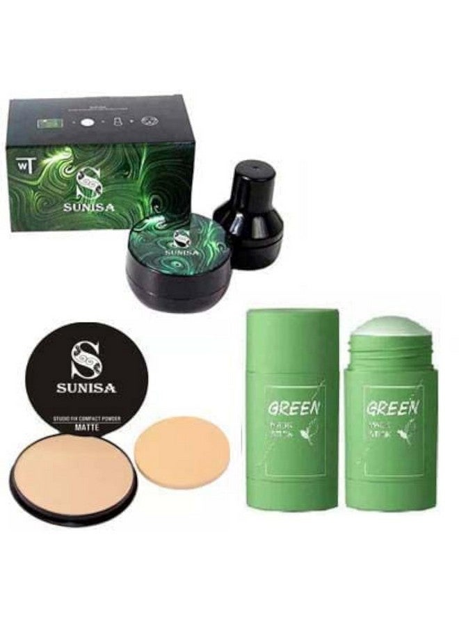 SUNISA 1 Bb And Cc Cream Full Coverage Natural Foundation For All Skin Type With Mushroom Head Air Cushion 20G And 1 Studio Fix Compact Powder With 1 Green Tea Stick Mask - (Pack Of 4) - Image 1