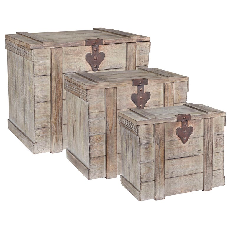 Household Essentials Household Essentials Antiqued Decorative Trunk 3 Piece Set Small Medium and Large Chinese Fir Panel and MDF Smooth Backing and Metal Hinge Accent Flat Top and StayOpen Lid