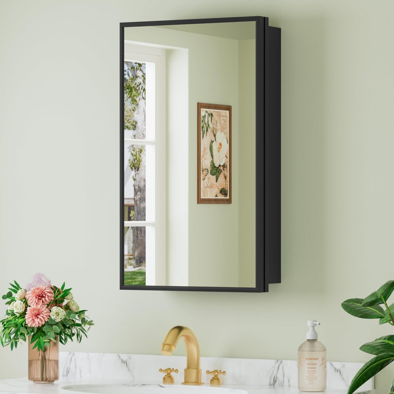 Buruis 14"x 24" Small Framed Medicine Cabinet with Mirror, Compact Recessed or Wall Mounted Bathroom Cabinet, Adjustable Tempered Glass Shelves, Left/Right Open Reversible, No Assembly Required, White - Image 1