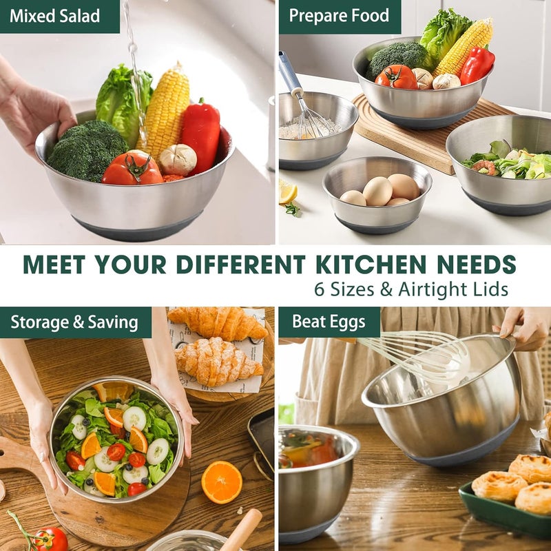 Umite Chef Mixing Bowls with Airtight Lids，6 piece Stainless Steel Metal Nesting Storage Bowls by, Non-Slip Bottoms Size 7, 3.5, 2.5, 2.0,1.5, 1QT, Great for Mixing & Serving(Grey) - Image 4