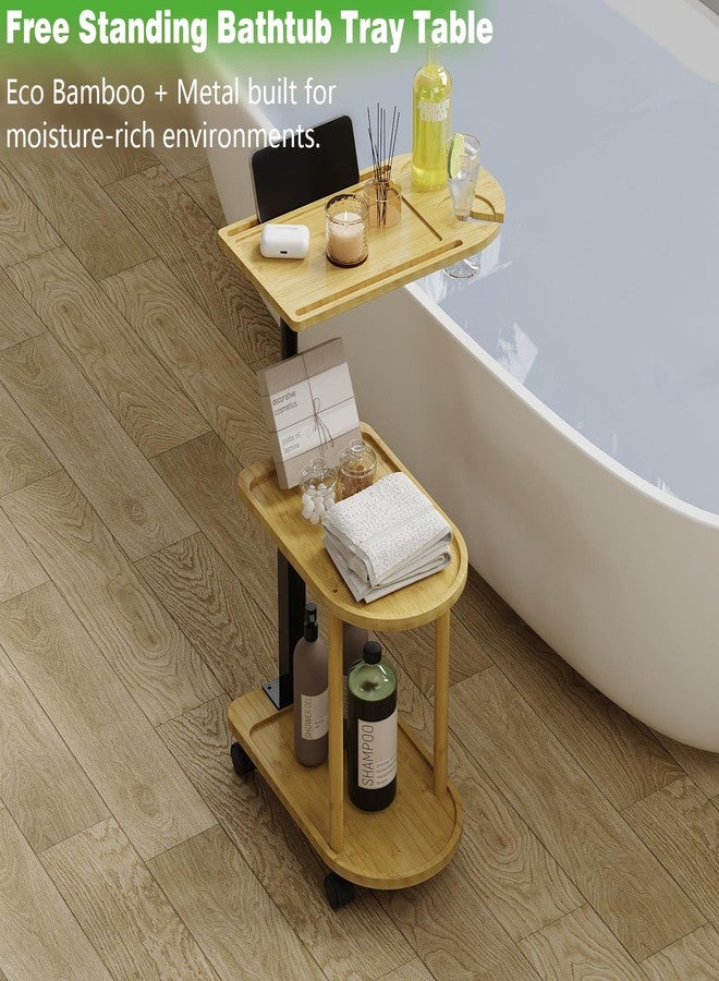 Welfuturer Bamboo 3 Layer Rotating Bathtub Tray Table, Adjustable Height Freestanding Caddy Shelf for Plants & Bath Essentials,Spa Side Table for Tub,Multifunctional Bamboo Stand Organizer,Natural - Image 3