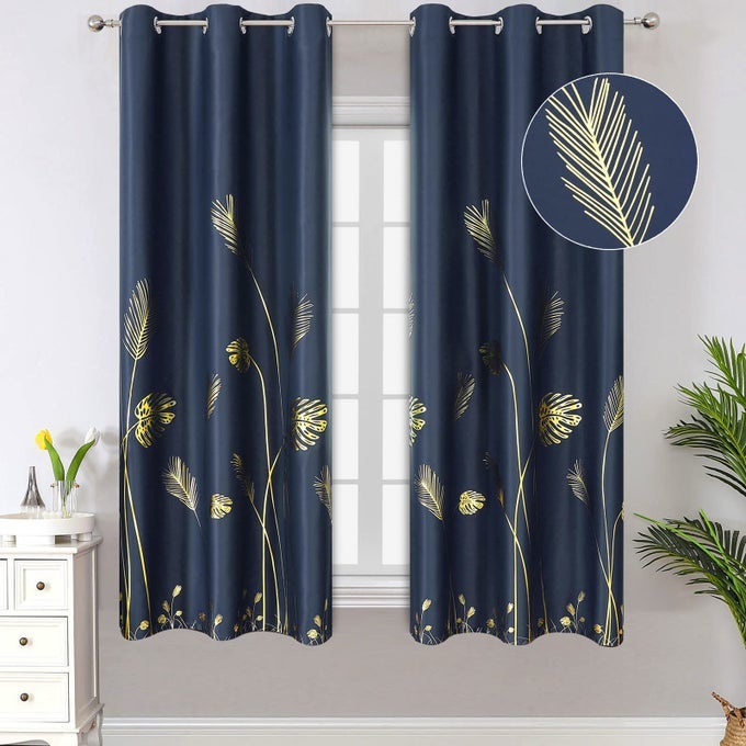 PALM TREE AND WHEAT BLACKOUT ENERGY SAVING CURTAINS LIGHT BLOCKING WINDOW PANELS FOR KIDS BEDROOM NAVY BLUE 38WX63L 2 PANELS