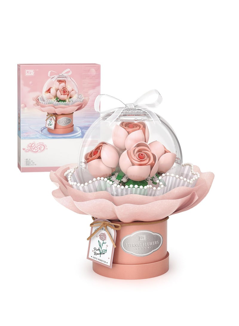 KASTWAVE Bouquet Building Kit,Flower Building Blocks Set with Dust-Proof Dome,Simulation Bouquet for Valentine's Day,Bonsai Building Bricks Toys,Home Decor (Pink) - Image 1