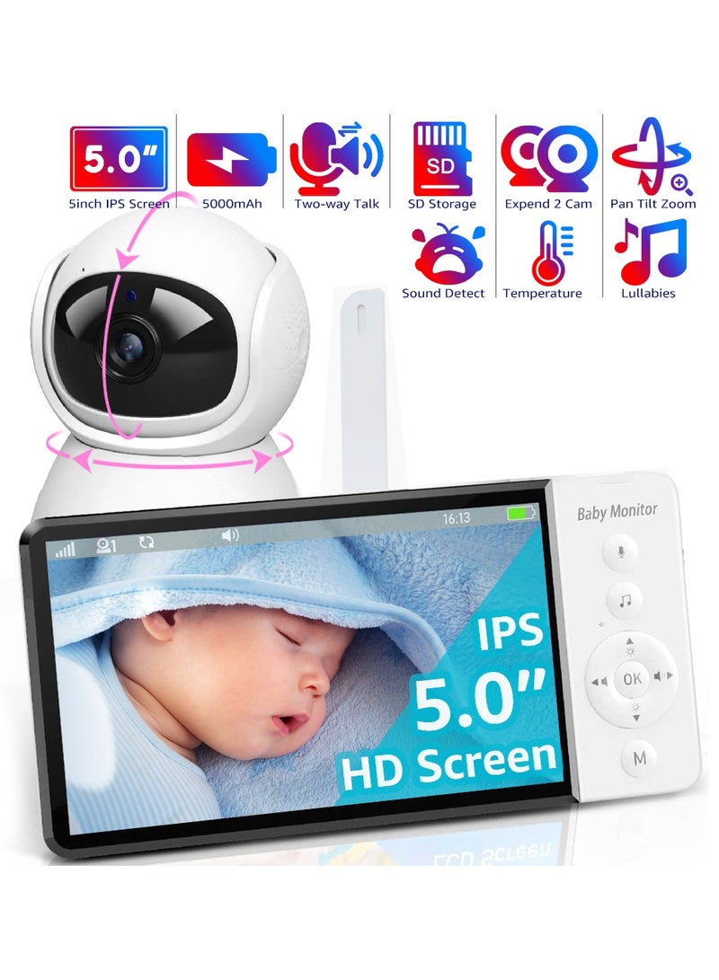5.0-inch Wireless Video Baby Monitor 5000mAh Battery IPS Screen With Nanny PTZ Camera 2-way Audio VOX Lullaby SD TF Card Record  - Image 1