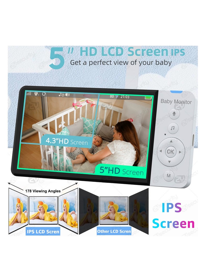 5.0-inch Wireless Video Baby Monitor 5000mAh Battery IPS Screen With Nanny PTZ Camera 2-way Audio VOX Lullaby SD TF Card Record  - Image 2