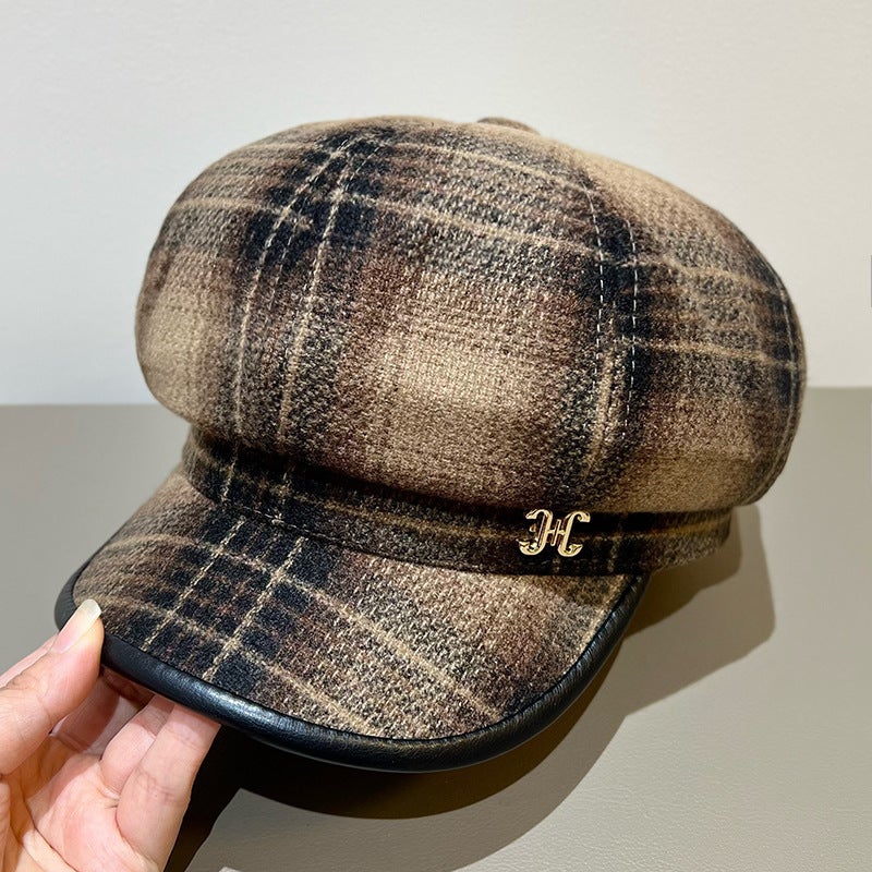 Winter Beret Women Plaid  British Style Fashion Painter Hat - Image 2