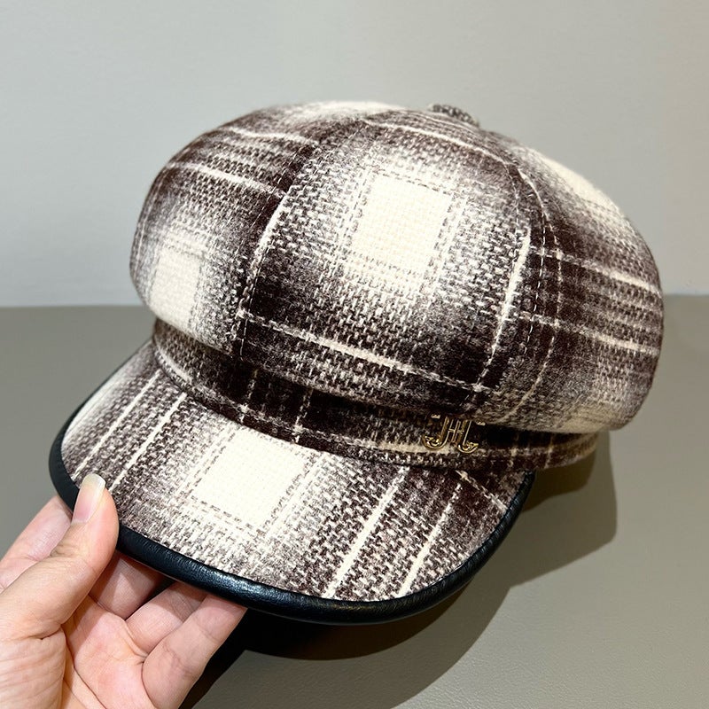 Winter Beret Women Plaid  British Style Fashion Painter Hat - Image 1