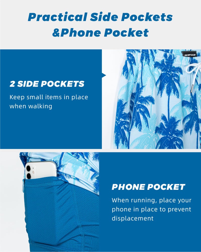 SURF CUZ Mens Swim Trunks with Compression Liner Quick Dry Swim Shorts 7" Swimming Trunks Stretch Zipper Pockets Blue Palm Tree Large - Image 5