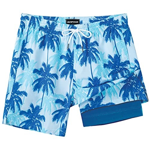 SURF CUZ Mens Swim Trunks with Compression Liner Quick Dry Swim Shorts 7" Swimming Trunks Stretch Zipper Pockets Blue Palm Tree Large - Image 1
