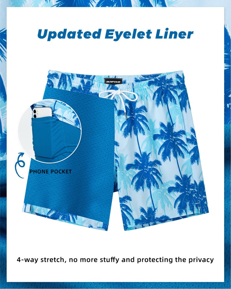SURF CUZ Mens Swim Trunks with Compression Liner Quick Dry Swim Shorts 7" Swimming Trunks Stretch Zipper Pockets Blue Palm Tree Large - Image 3