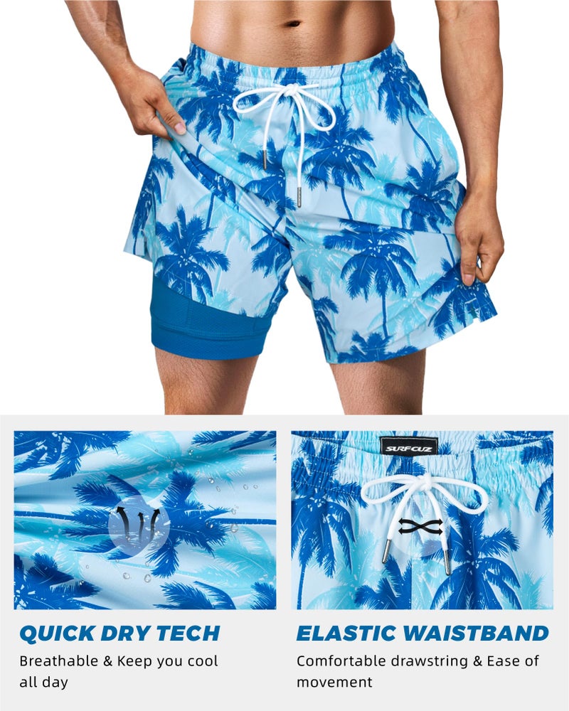 SURF CUZ Mens Swim Trunks with Compression Liner Quick Dry Swim Shorts 7" Swimming Trunks Stretch Zipper Pockets Blue Palm Tree Large - Image 4
