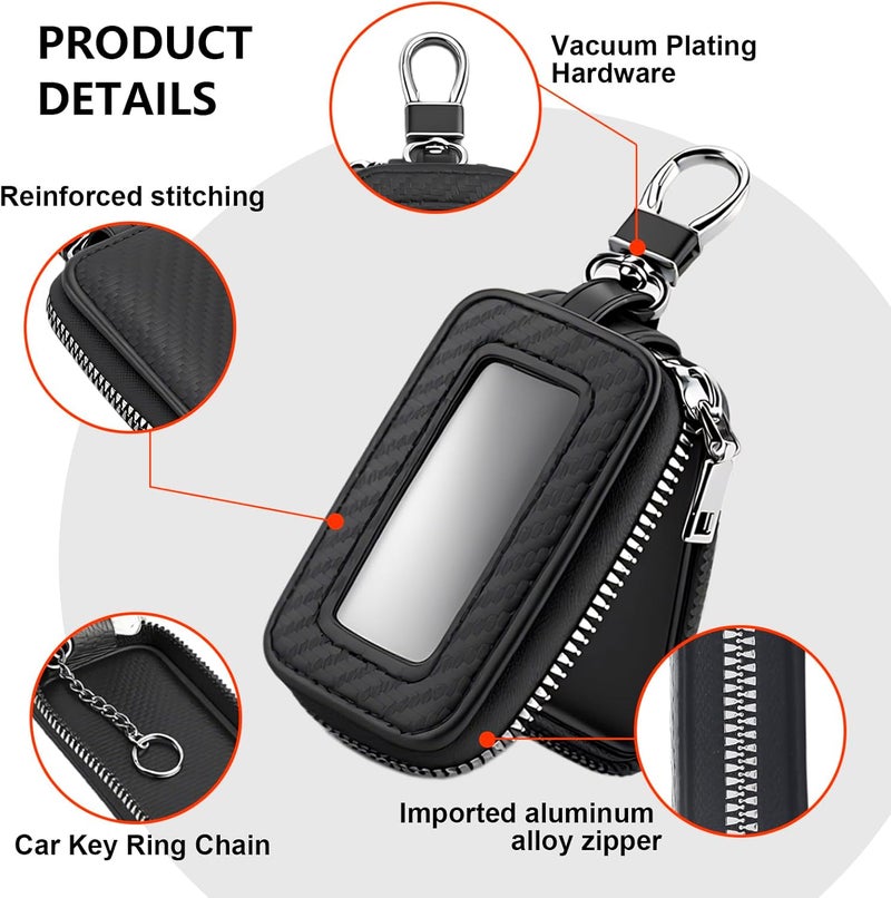 PLALEI Car Key Fob Case, Leather Key Fob Holder with Transparent Window & Zipper Closure, Remote Keychain Bag, Universal Car Key Holder for Men Women, Car Accessories (Black) - Image 3