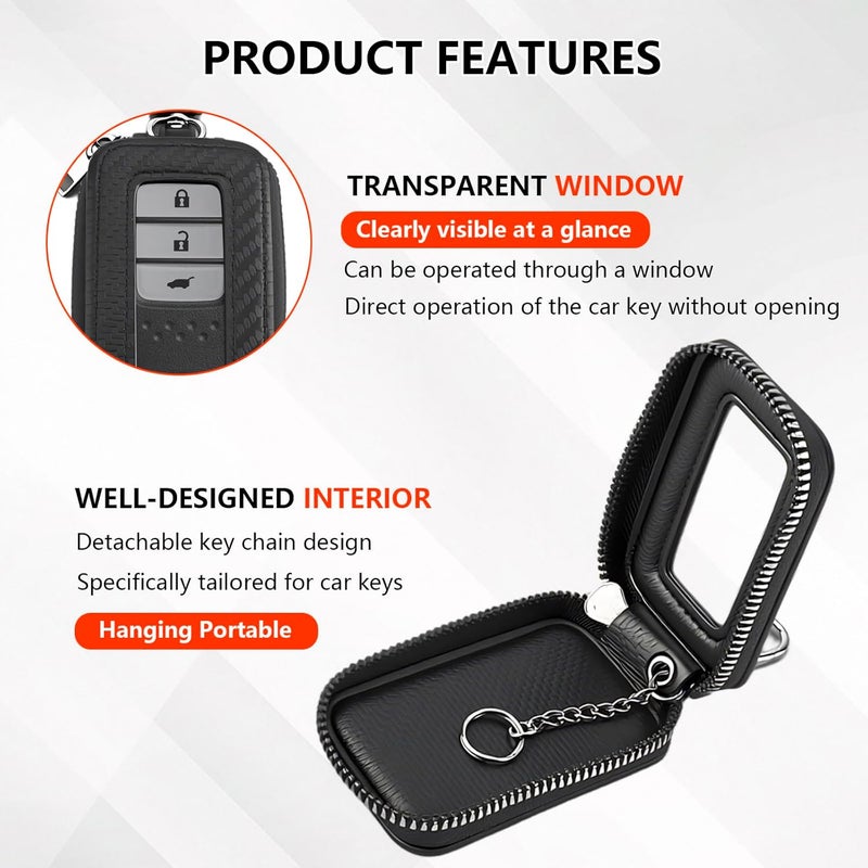 PLALEI Car Key Fob Case, Leather Key Fob Holder with Transparent Window & Zipper Closure, Remote Keychain Bag, Universal Car Key Holder for Men Women, Car Accessories (Black) - Image 5