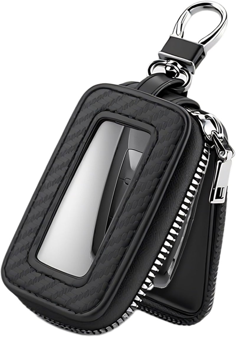 PLALEI Car Key Fob Case, Leather Key Fob Holder with Transparent Window & Zipper Closure, Remote Keychain Bag, Universal Car Key Holder for Men Women, Car Accessories (Black) - Image 1