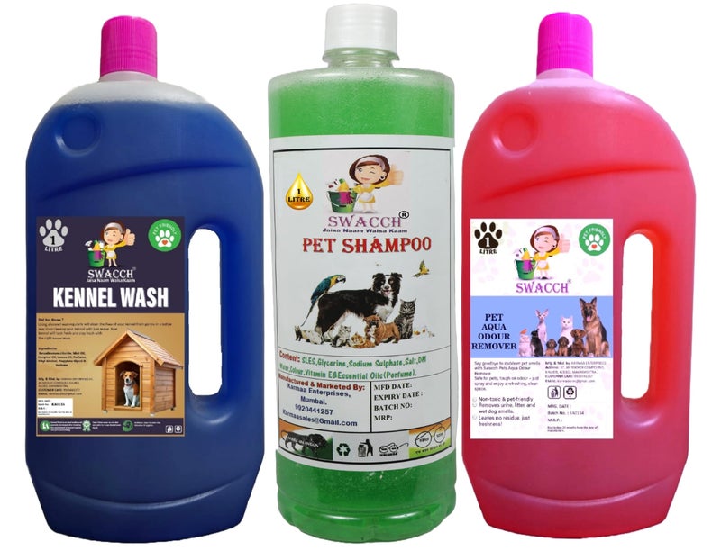 swacch Kennel Wash (Lavender) + Pet Shampoo (Neem Alovera) I Pet Aqua Odour Remover (Rose) 1 Litre Combo Pack of 3 Economical Pack I Dog and Cat Friendly - Image 1