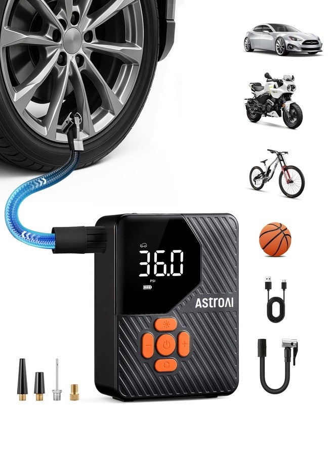 AstroAI L7 Mini Tire Inflator Portable Air Compressor,150 PSI Cordless Car Tires Air Pump with LED Lights&Pressure Gauge,Auto Shut-Off - Tire Pump for Auto,Motorcycle, Bicycle, Ball Orange - Image 1