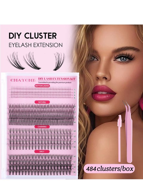 Lash Clusters Kit - 484Pcs Individual Eyelashes Multi-type Mixed Natural Bottom Lashes, Volume Lashes,7D Spikes Fans, 20D Clusters Eyelash Extension Kit