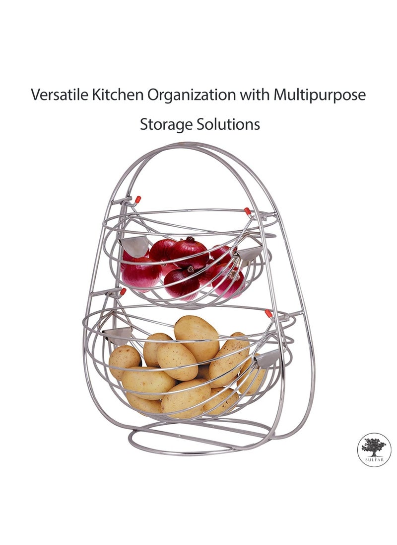 sulfar Stainless Steel 2-Tier Swing Step Shelf Rack Fruits & Vegetable Onion Trolley Container Basket Countertop Organizer Organiser Holder Stand For Kitchen (2 Layer Trolley) Silver  - Image 4