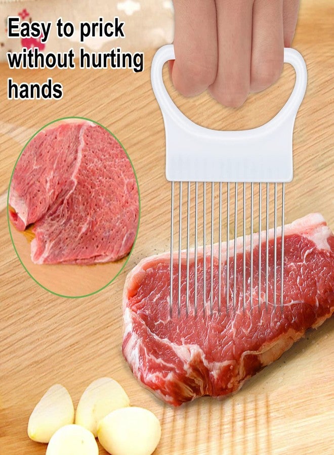 Ruooson 2Pcs Ruooson Onion Holder for Slicing, Stainless Steel Prongs Kitchen Slicer, Lemon Potato Cucumber Vegetable Cutter Comb,Meat Tenderizer,(white and blue). - Image 4