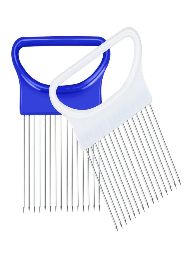 Ruooson 2Pcs Ruooson Onion Holder for Slicing, Stainless Steel Prongs Kitchen Slicer, Lemon Potato Cucumber Vegetable Cutter Comb,Meat Tenderizer,(white and blue). - Image 1