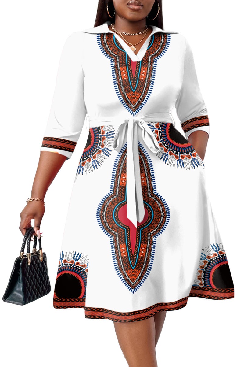 FANDEE Womens Formal Midi Dresses with Sleeves Summer V Neck Wedding Guest Cocktail Tea Party Modest Mid Dress African Print White 5XL - Image 1
