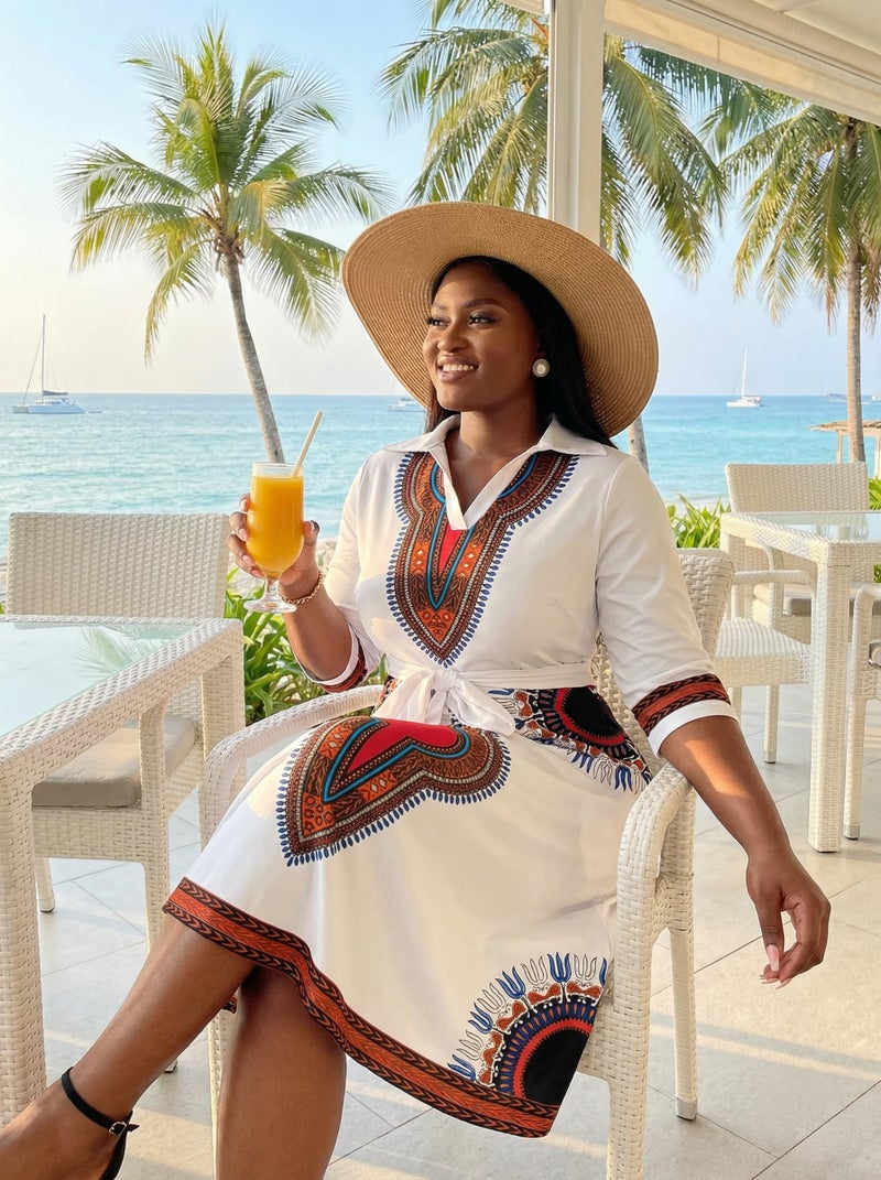 FANDEE Womens Formal Midi Dresses with Sleeves Summer V Neck Wedding Guest Cocktail Tea Party Modest Mid Dress African Print White 5XL - Image 3
