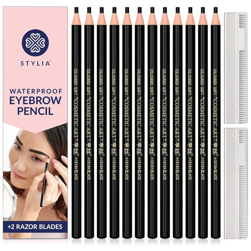 Stylia Waterproof Eyebrow Pencils For Women  LongLasting Microblading Supplies Brow Pencil Perfect for Eyebrow Shaper Filling  Defining NaturalLooking Brow  12PC Black