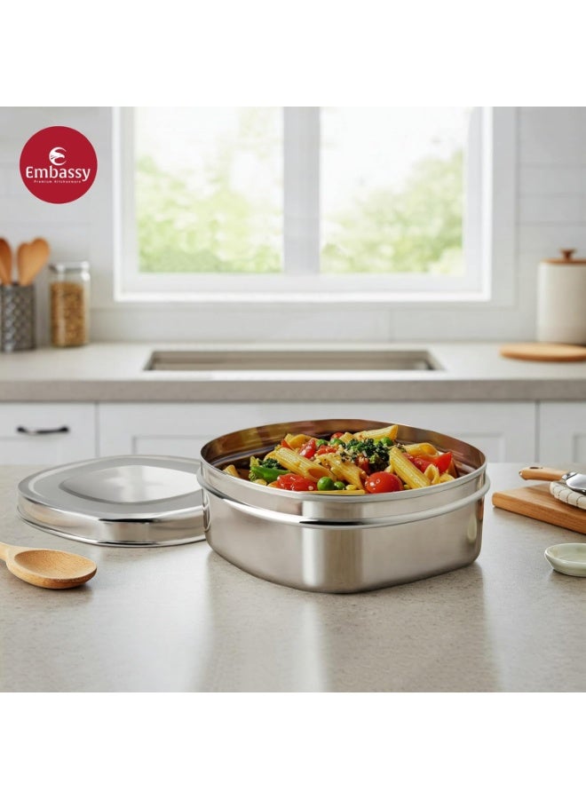 EMBASSY Stainless Steel Square Puri Box/Dabba | Size 6 | 800 ml | Pack of 2 | Ideal for Chapati, Paratha, Dry Food, Snacks & Fruits | Stackable/Multipurpose Storage Container - Image 4