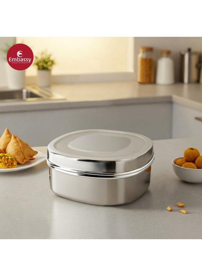 EMBASSY Stainless Steel Square Puri Box/Dabba | Size 6 | 800 ml | Pack of 2 | Ideal for Chapati, Paratha, Dry Food, Snacks & Fruits | Stackable/Multipurpose Storage Container - Image 2