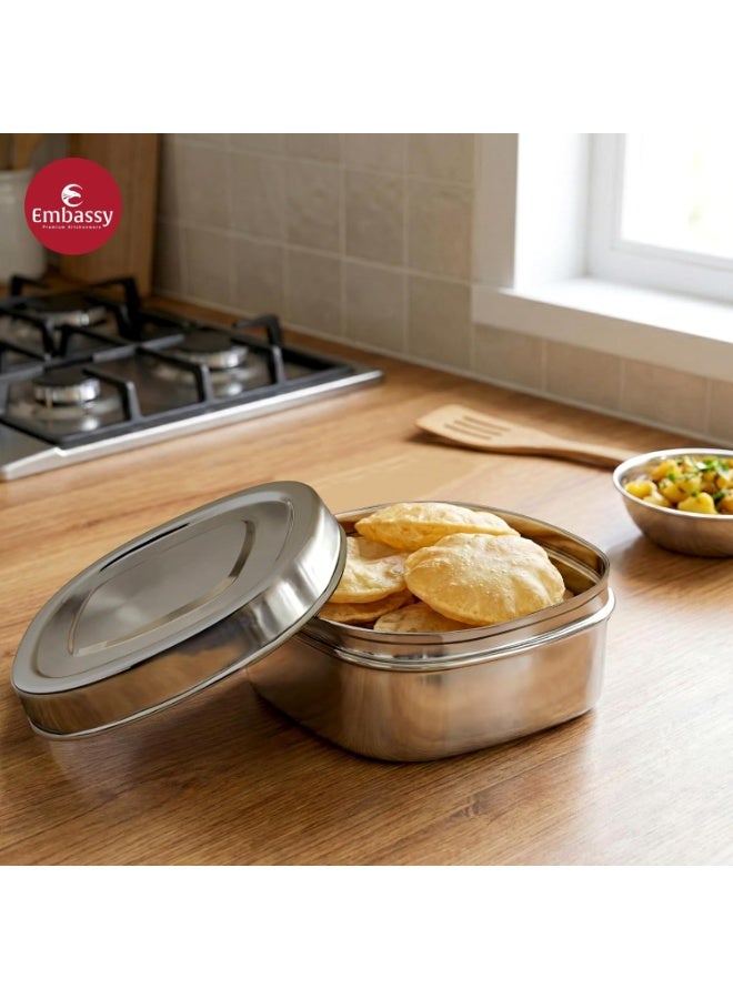 EMBASSY Stainless Steel Square Puri Box/Dabba | Size 6 | 800 ml | Pack of 2 | Ideal for Chapati, Paratha, Dry Food, Snacks & Fruits | Stackable/Multipurpose Storage Container - Image 3