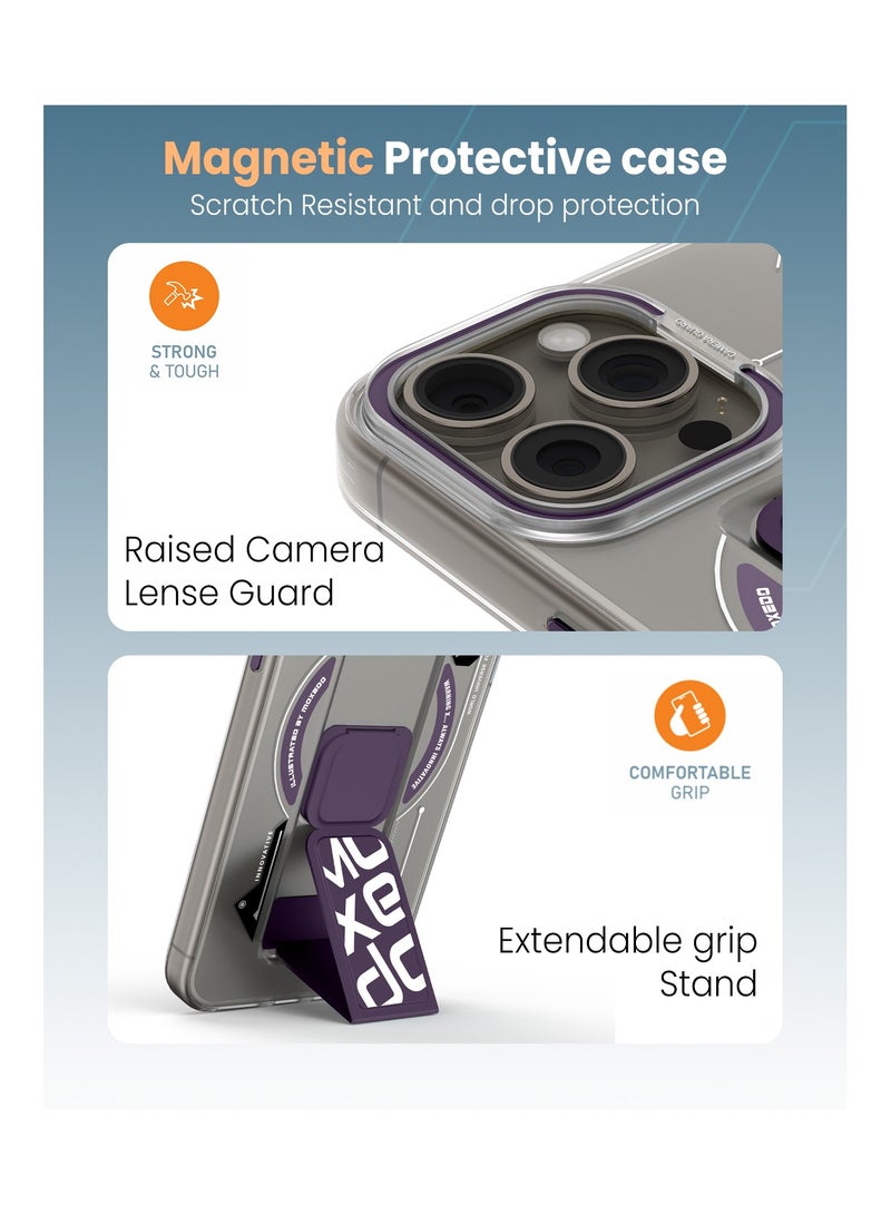 Moxedo Moxedo Magnetic Protective Case Scratch Resistant Drop Protection with Built-in Extendable Grip Stand Compatible for iPhone 15 Pro Max 6.7 inch - Purple  - Image 3