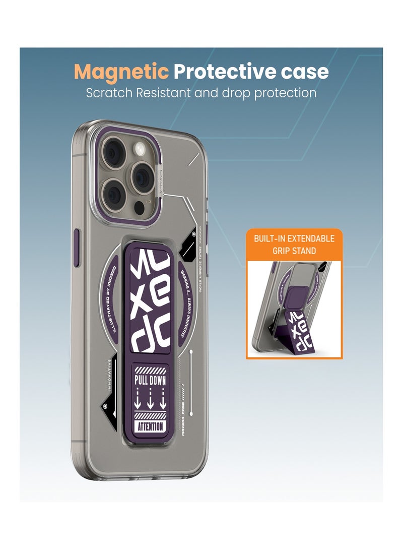 Moxedo Moxedo Magnetic Protective Case Scratch Resistant Drop Protection with Built-in Extendable Grip Stand Compatible for iPhone 15 Pro Max 6.7 inch - Purple  - Image 5