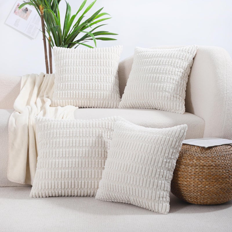 All Smiles Decorative Cream Throw Pillow Covers 20x20 Set of 4 Farmhouse Rustic Boho Home Decor Soft Plush Striped Corduroy Square Cushion Case for Living Room Couch Bed Sofa - Image 1