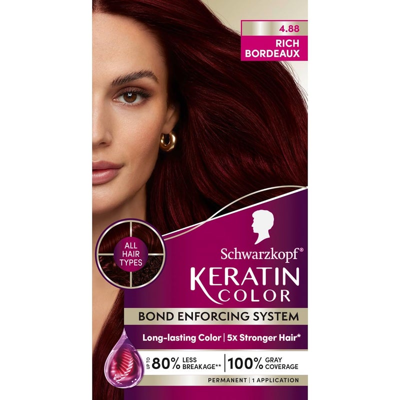 Schwarzkopf Keratin Color Permanent Hair Color 48 Rich Bordeaux 1 Application  Salon Inspired Permanent Hair Dye for up to 80 Less Breakage vs Untreated Hair and up to 100 Gray Coverage