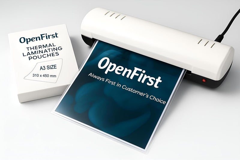 OPENFIRST ® كيس تغليف A3 – 250 ميكرون، لمسة لامعة شفافة، حراري ومقاوم للماء – مثالي للشهادات المنزلية، والمكتبية، والمدرسية، وبطاقات الهوية، والصور، والمستندات (31 سم × 45 سم)، عبوة من 3 أكياس - Image 1