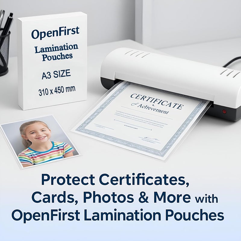 OPENFIRST ® كيس تغليف A3 – 250 ميكرون، لمسة لامعة شفافة، حراري ومقاوم للماء – مثالي للشهادات المنزلية، والمكتبية، والمدرسية، وبطاقات الهوية، والصور، والمستندات (31 سم × 45 سم)، عبوة من 3 أكياس - Image 4