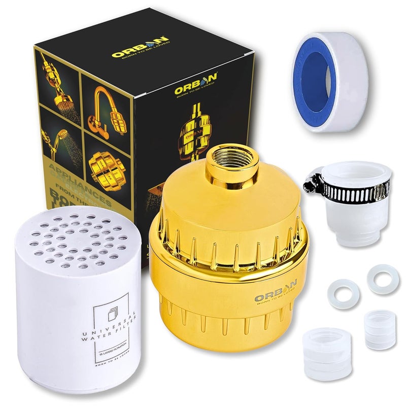 ORBON Hard Water Softener for Shower Water Softener for Bathroom Shower Filter for Bathroom Shower Filter for Bathroom With 3 in 1 Universal Adapter Teflon Tape Golden Extra Cartage - Image 1