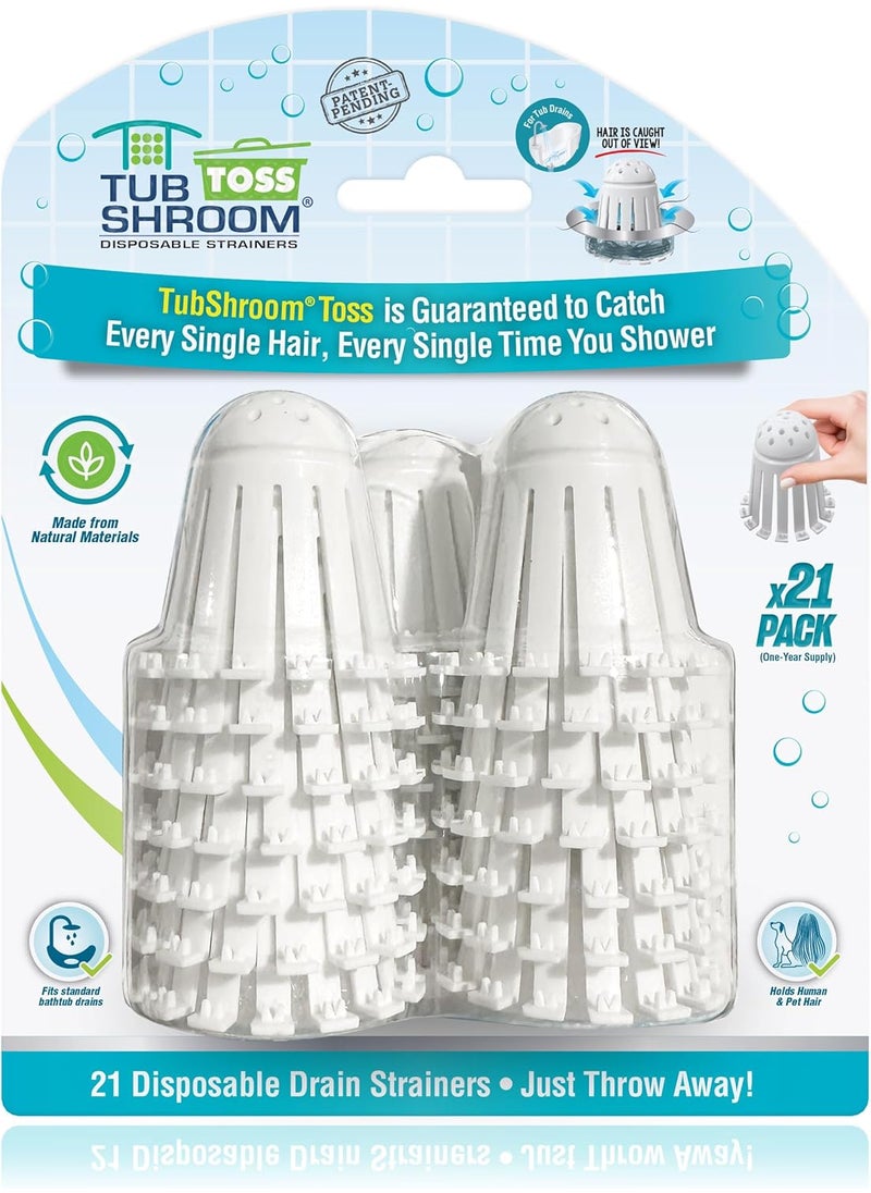 TubShroom TubShroom Toss 21pk Disposable Bath Tub Drain Strainers  Hair Catcher Snare for Shower Bathtub to Prevent Clogged Drains Traps Human and Pet Hair One Year Supply White  - Image 1