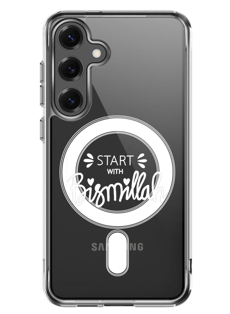 Theodor Magnetic Case for Samsung Galaxy S25 6.2-inch Compatible with MagSafe Wireless Charging, Shockproof Phone Bumper Cover Start with Bismillah - White - Image 1