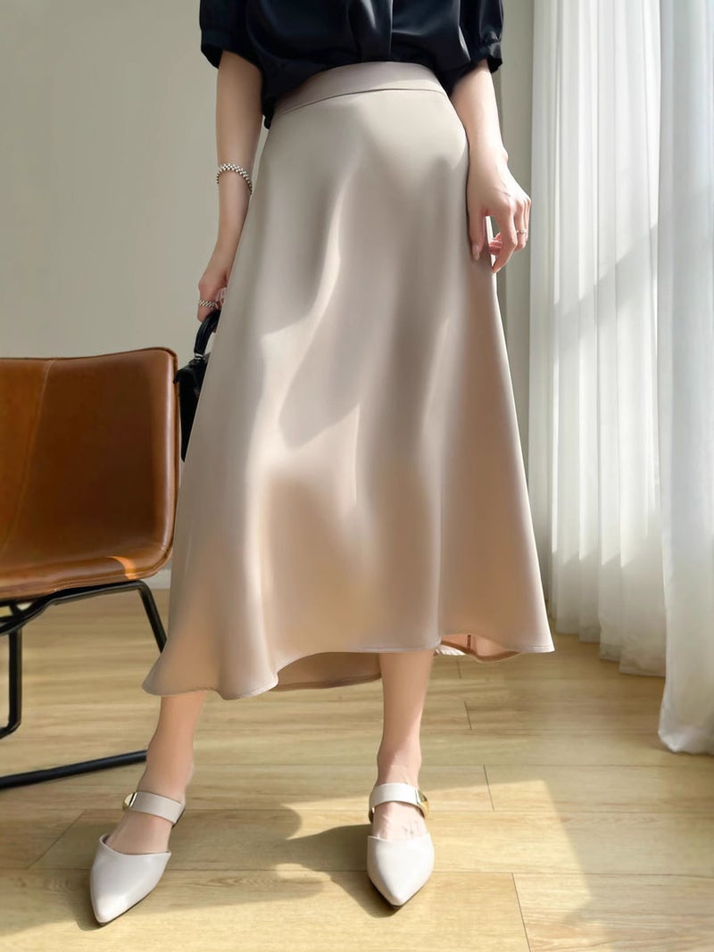 25 New Style Silk Skirt Women'S Summer Silk Satin Slim A- Line Skirt Mid-Length Loose All-Match Umbrella Skirt - Image 3